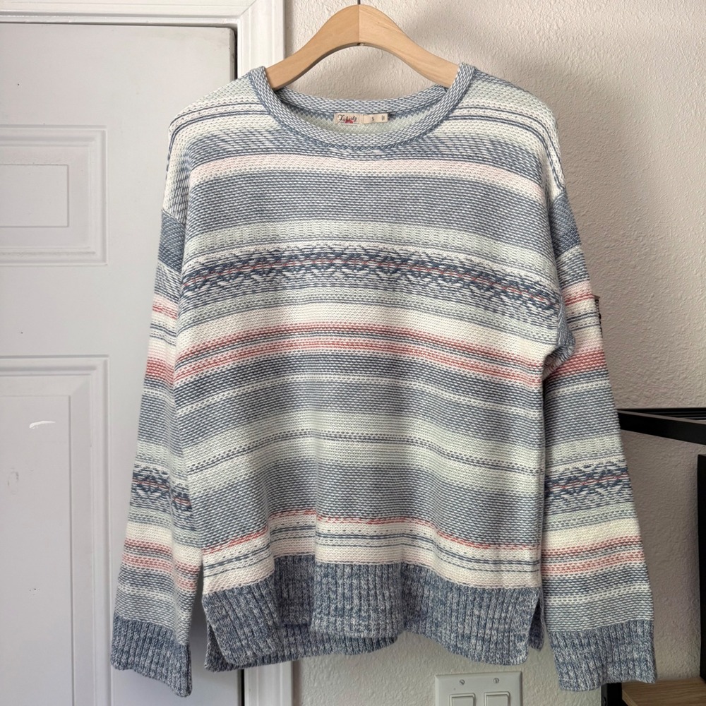 FAHERTY white blue striped nordic cotton linen crew neck boxy pullover sweater